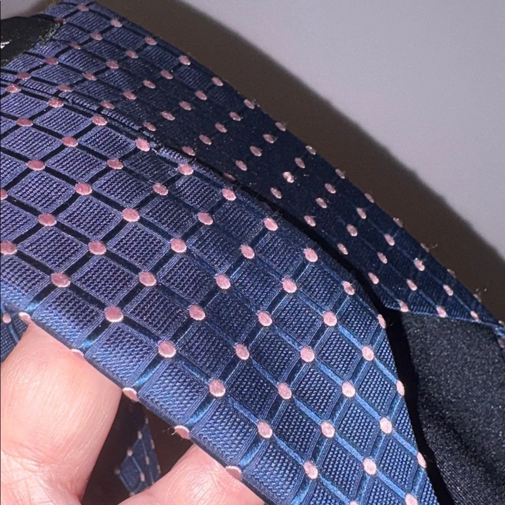 Barneys New York Blue With Pink Polka Dot Windowpane Design Silk Necktie Tie
